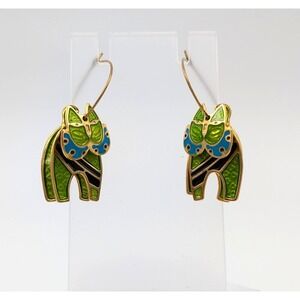 VTG Edgar Berebi Cats Earrings Articulated Kitty Green Gold Tone Dangle Hoop‎